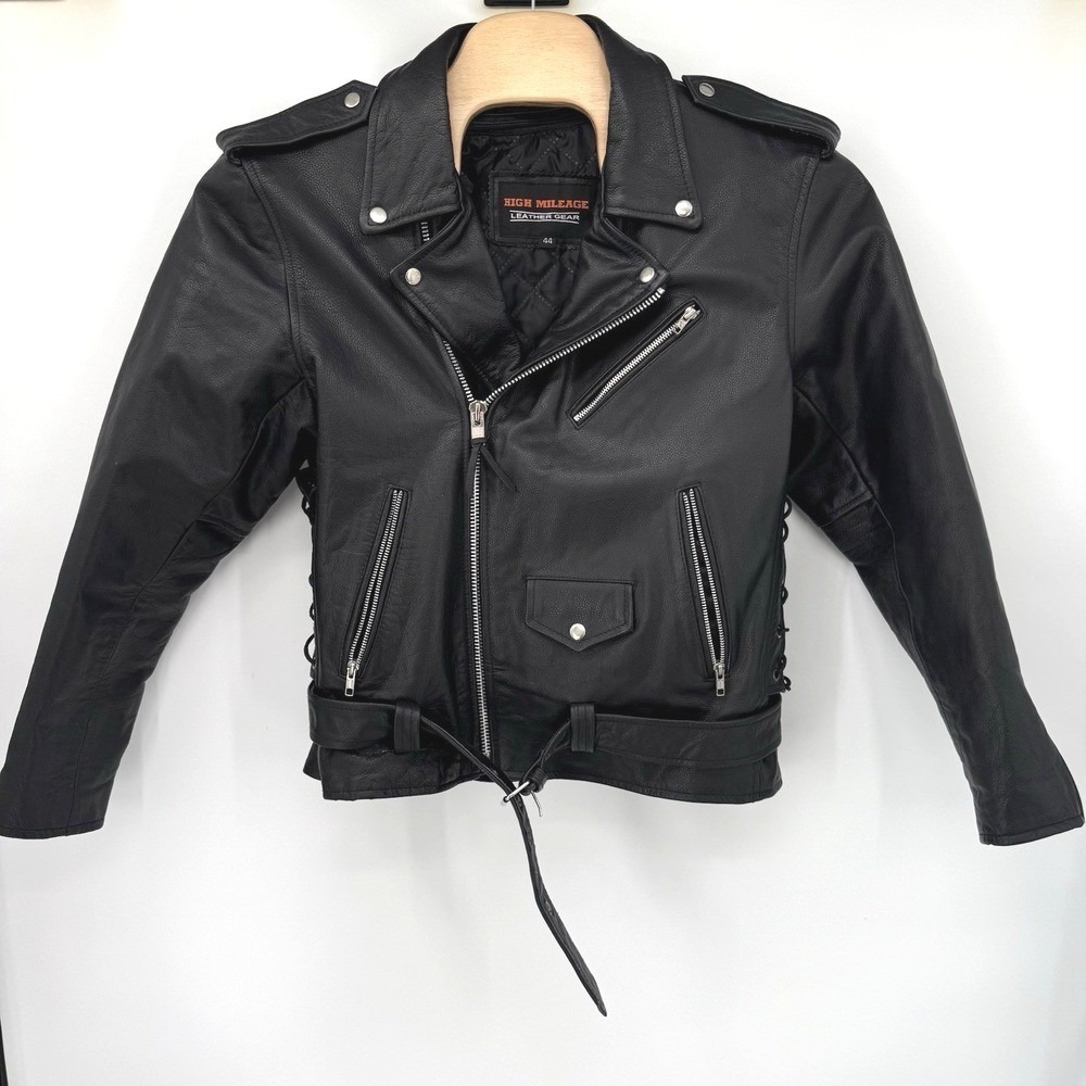 High Mileage Leather Gear Jacket Mens 44 Black Biker Motorcycle Belted Laced
